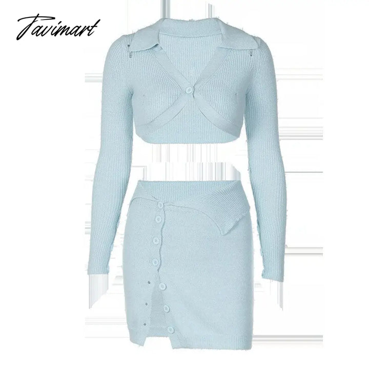 Tavimart Autumn Women Knit Clothes Sets Two Pieces Long Sleeve One Button Cropped Top With Sexy