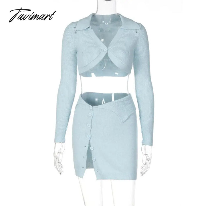 Tavimart Autumn Women Knit Clothes Sets Two Pieces Long Sleeve One Button Cropped Top With Sexy