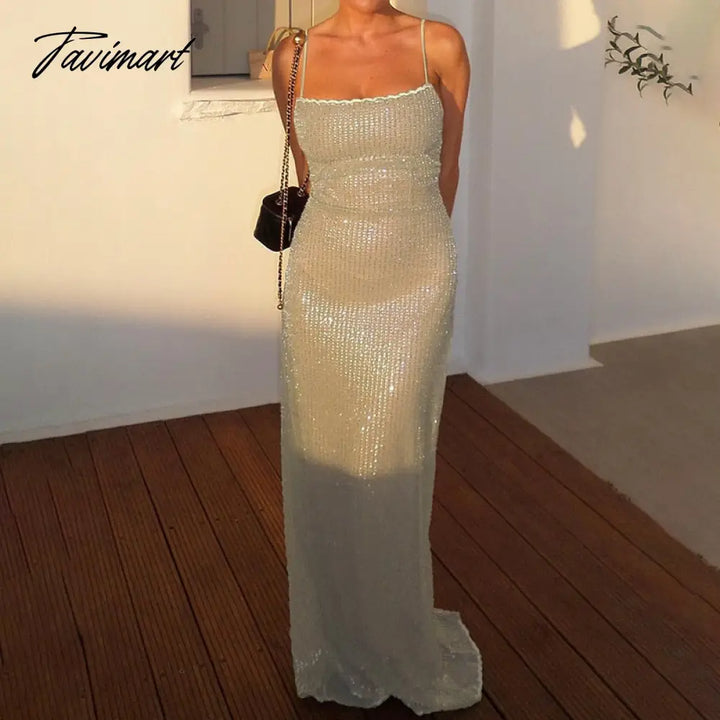 Tavimart Backless Sequin Sexy Maxi Dress Female Casual High Waist Elegant Party Spaghetti Knitwear