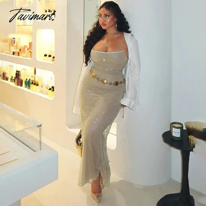 Tavimart Backless Sequin Sexy Maxi Dress Female Casual High Waist Elegant Party Spaghetti Knitwear