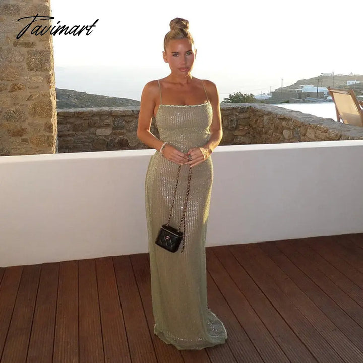 Tavimart Backless Sequin Sexy Maxi Dress Female Casual High Waist Elegant Party Spaghetti Knitwear