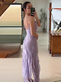 Tavimart Backless Sleeveless Ruffles Tassels Sling Dress A - Line Side Split Irregular Long Dresses