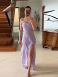 Tavimart Backless Sleeveless Ruffles Tassels Sling Dress A - Line Side Split Irregular Long Dresses