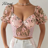 Tavimart Backless Woman Blouse Fishbon Corset Built In Bra Butterfly Embroidery Mesh Patchwork Lace