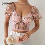 Tavimart Backless Woman Blouse Fishbon Corset Built In Bra Butterfly Embroidery Mesh Patchwork Lace