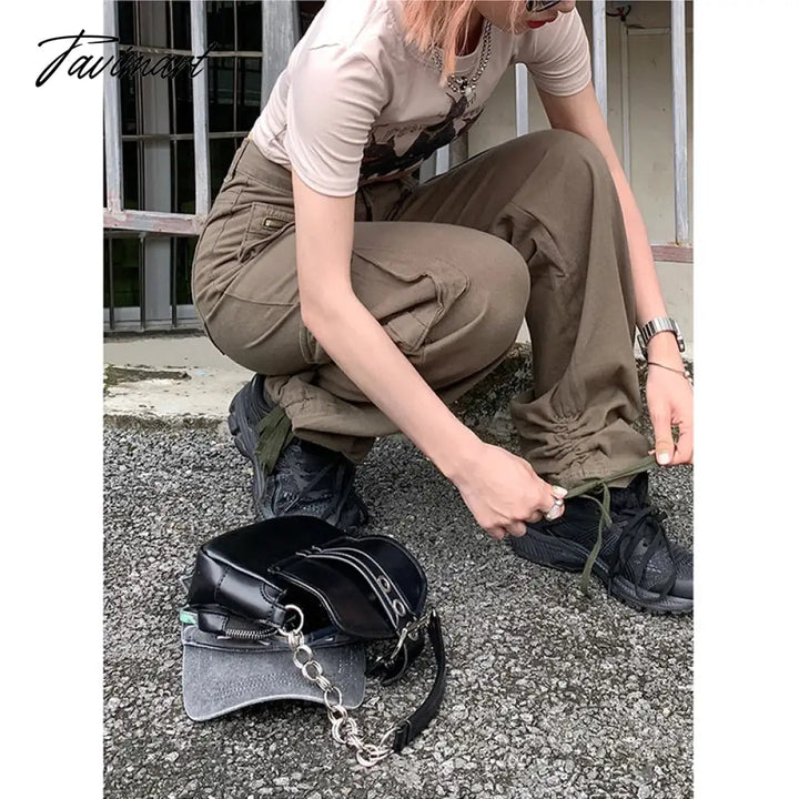 Tavimart - Baggy Jeans Army Green Cargo Pants Women Fashion Streetwear Pockets Straight High Waist