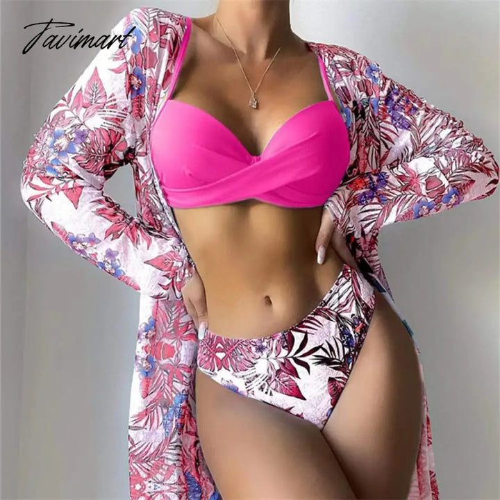 Tavimart Beach Bathing Suits Floral Twist Low Waist Bikini Set Cover Up Swimsuit For Women Push