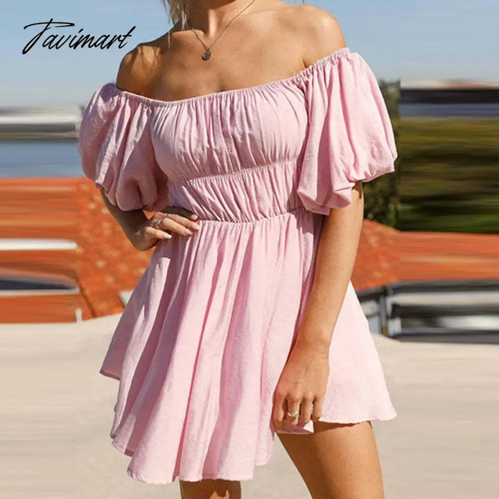 Tavimart Beautiful Women Waist Solid Party Dress Sweet One Shoulder Pleat Elegant Strapless Short