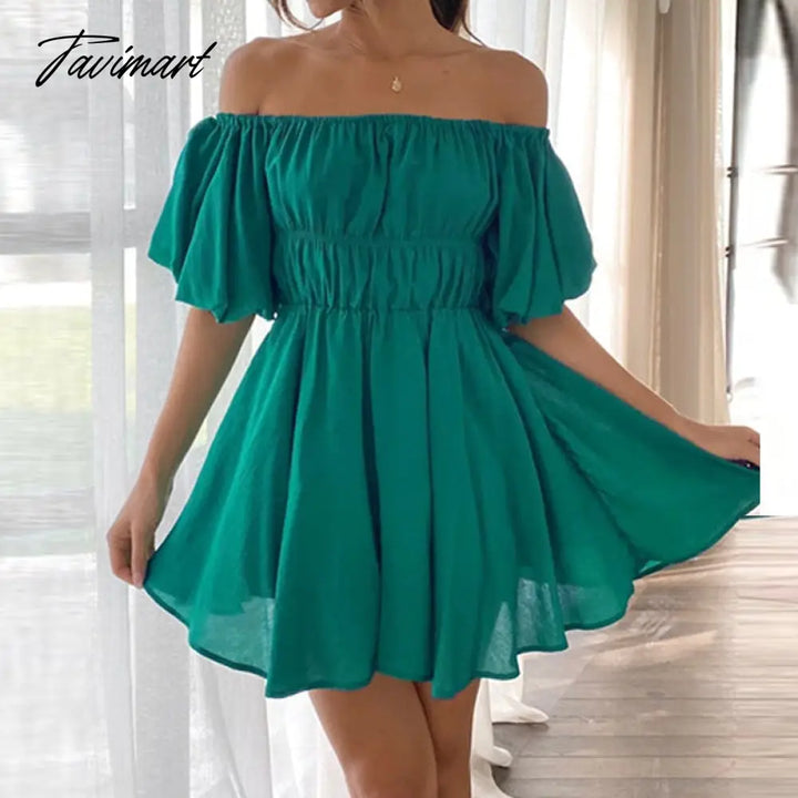 Tavimart Beautiful Women Waist Solid Party Dress Sweet One Shoulder Pleat Elegant Strapless Short