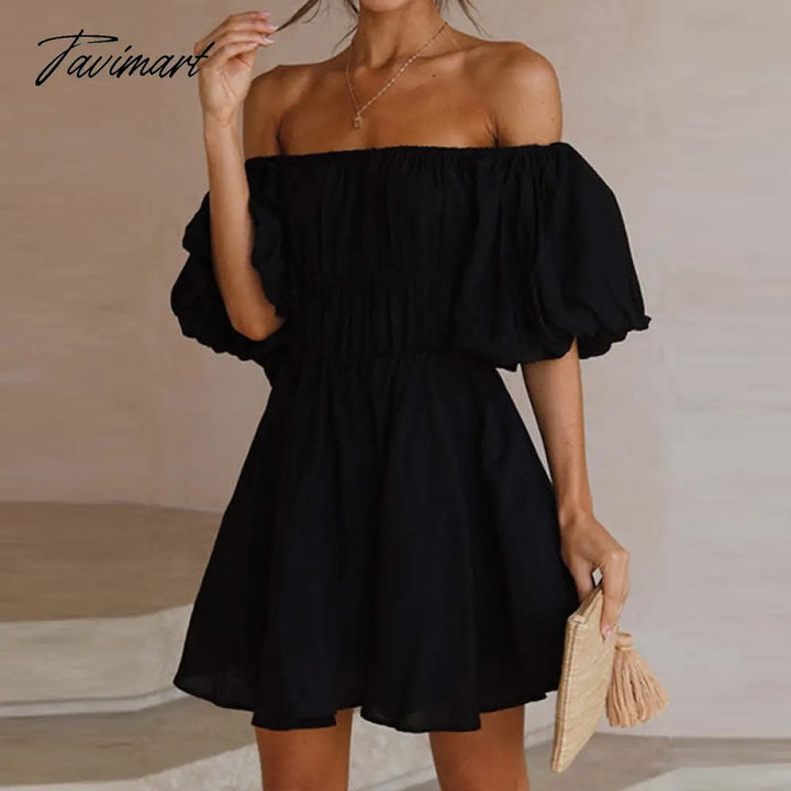 Tavimart Beautiful Women Waist Solid Party Dress Sweet One Shoulder Pleat Elegant Strapless Short