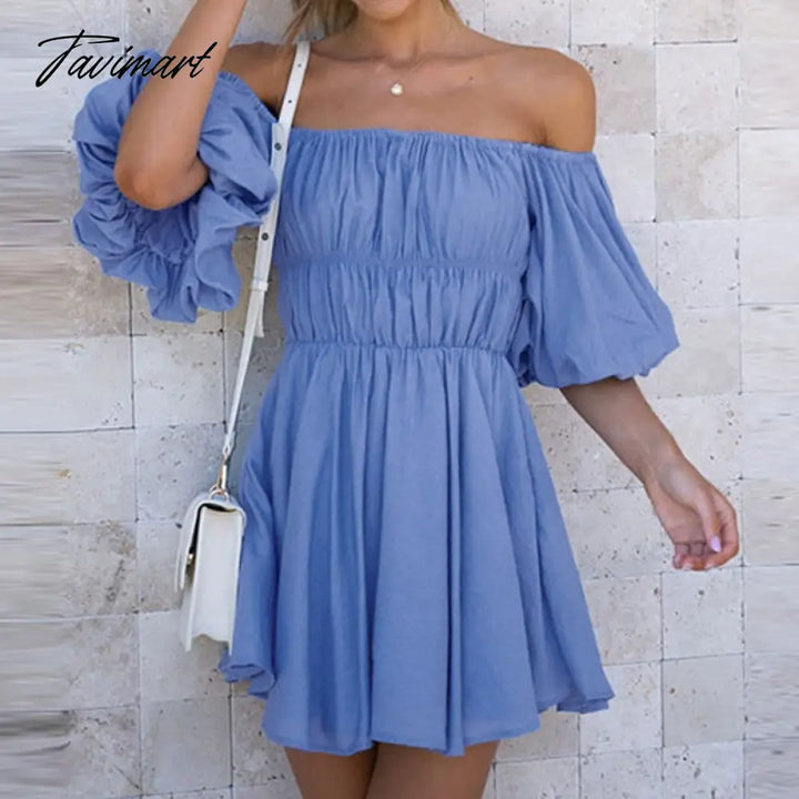 Tavimart Beautiful Women Waist Solid Party Dress Sweet One Shoulder Pleat Elegant Strapless Short