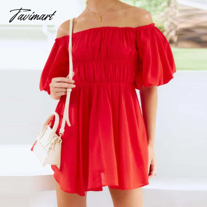 Tavimart Beautiful Women Waist Solid Party Dress Sweet One Shoulder Pleat Elegant Strapless Short