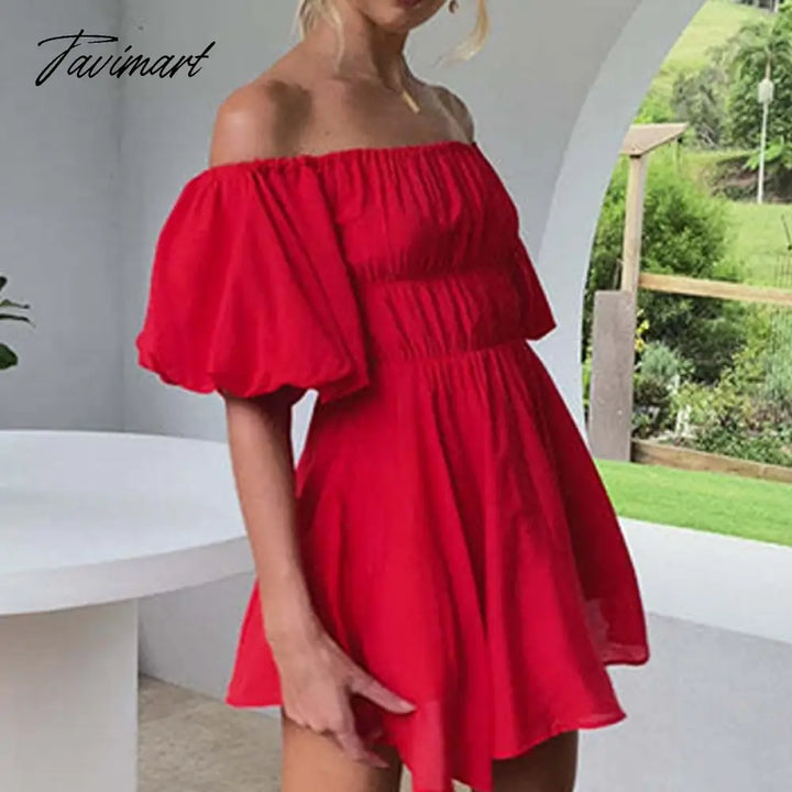 Tavimart Beautiful Women Waist Solid Party Dress Sweet One Shoulder Pleat Elegant Strapless Short