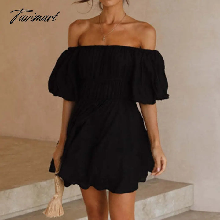 Tavimart Beautiful Women Waist Solid Party Dress Sweet One Shoulder Pleat Elegant Strapless Short