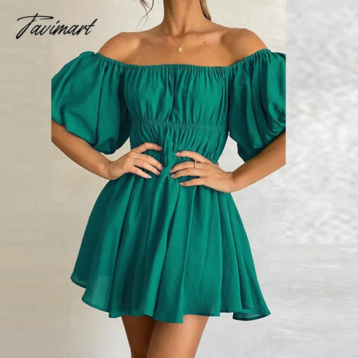 Tavimart Beautiful Women Waist Solid Party Dress Sweet One Shoulder Pleat Elegant Strapless Short