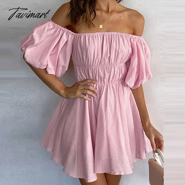 Tavimart Beautiful Women Waist Solid Party Dress Sweet One Shoulder Pleat Elegant Strapless Short