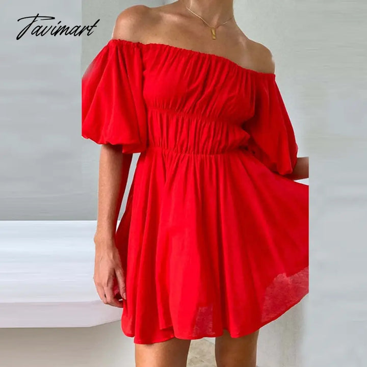 Tavimart Beautiful Women Waist Solid Party Dress Sweet One Shoulder Pleat Elegant Strapless Short