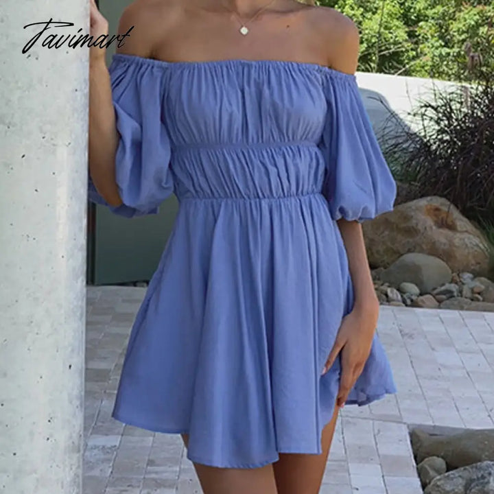 Tavimart Beautiful Women Waist Solid Party Dress Sweet One Shoulder Pleat Elegant Strapless Short