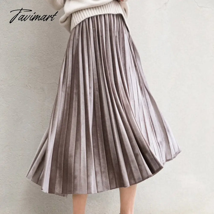Tavimart Bella Philosophy Winter Women Long Skirt Vintage Female Pleated Velvet High Waist Mid Calf