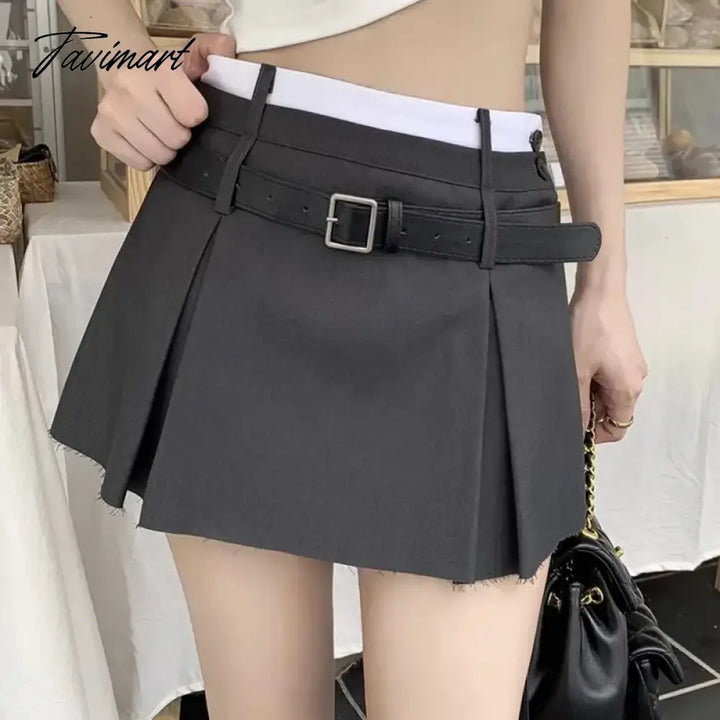 Tavimart Belt Pleated Mini Skirt Women Korean Style Preppy Summer Patchwork High Waist Casual A -