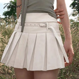 Tavimart Belted Cotton Pleated Skirt For Women Summer Basic Solid Girls Jupes Femmes Street