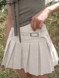 Tavimart Belted Cotton Pleated Skirt For Women Summer Basic Solid Girls Jupes Femmes Street