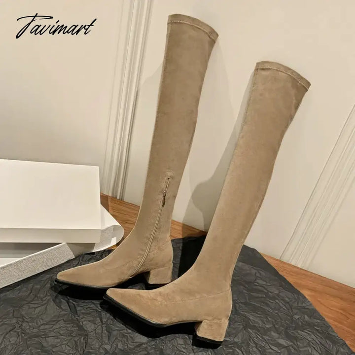 Tavimart - Big Size 41 42 10 Pointed Toe Square Chunky Heels Overknees For Women Suede Leather Nude