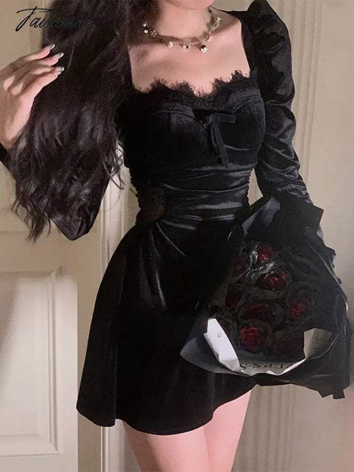 Tavimart Black French Vintage Velvet Dress Women Korean Elegant Evenin – tavimart