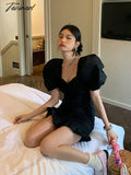 Tavimart Black Korean Style Elegant Dress Women Sumemr Bubble Sleeve France Vintage One - Piece