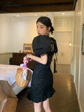 Tavimart Black Korean Style Elegant Dress Women Sumemr Bubble Sleeve France Vintage One - Piece