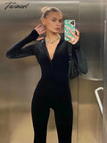Tavimart Black Slim Romper Women Long Sleeve Hooded Jumpsuits Zipper Sexy One Piece Outfit Fashion