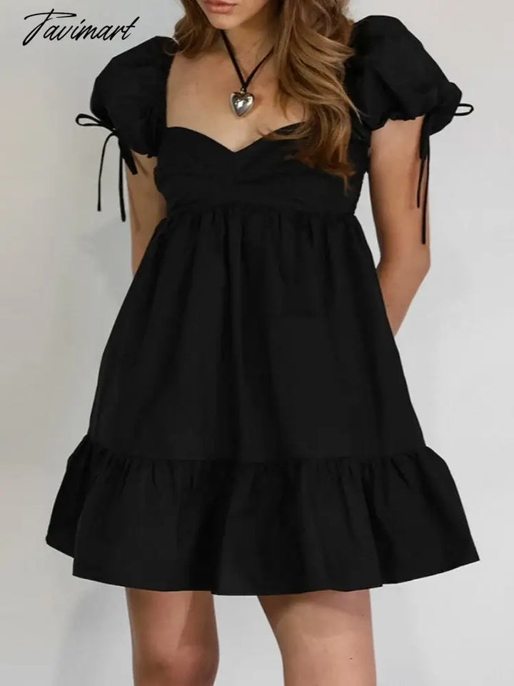 Tavimart Black Solid Dress For Women V - Neck Puff Sleeves Sexy Patchwork Slim High Waist 0Utfits A