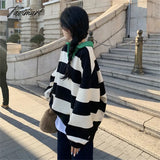 Tavimart Black White Striped Oversized Sweatshirts Women Harajuku Retro Polo Hoodies Casual Loose