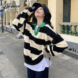 Tavimart Black White Striped Oversized Sweatshirts Women Harajuku Retro Polo Hoodies Casual Loose
