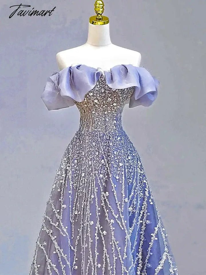 Tavimart - Blue Beading Evening Dresses Luxury Rhinestones Off The Shoulder Tulle Glitter Elegant