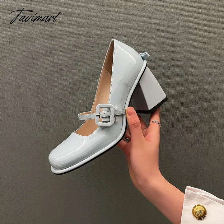 Tavimart Blue Bowknot Single Shoes Mary Jane New Spring Light Lacquer Leather High Heels