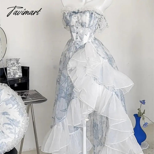 Tavimart - Blue Floral Strapless Dress Women’s Holiday Vintage