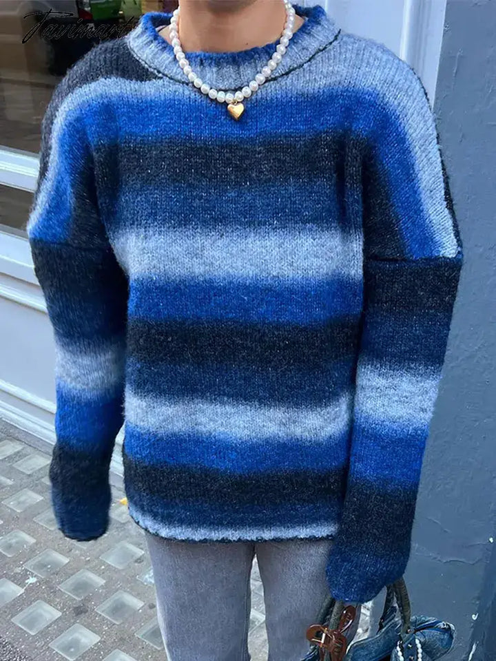 Tavimart - Blue Gradient Striped Long Sleeve Knitted Jumper Thicken Warm O - Neck Women Pullover