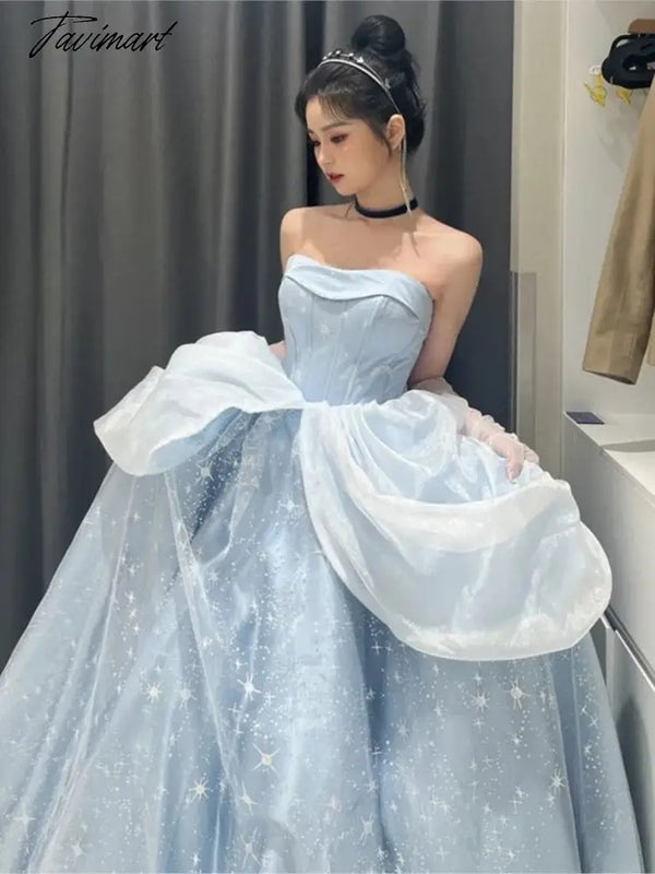 Tavimart Blue Prom Dress Engagement Jacquard France Vintage Sweet Korean Princess Fairy Evening