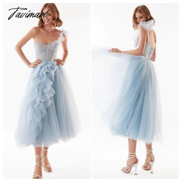 Tavimart Blue Ruffles Tulle Midi Prom Dresses Sweetheart One Shoulder Tea - Length Wedding Party