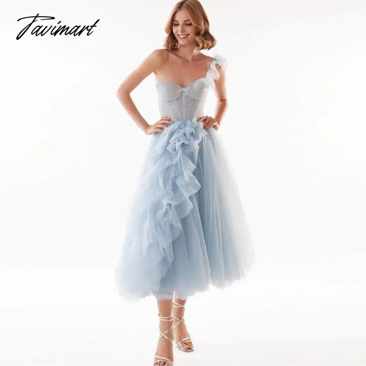 Tavimart Blue Ruffles Tulle Midi Prom Dresses Sweetheart One Shoulder Tea - Length Wedding Party