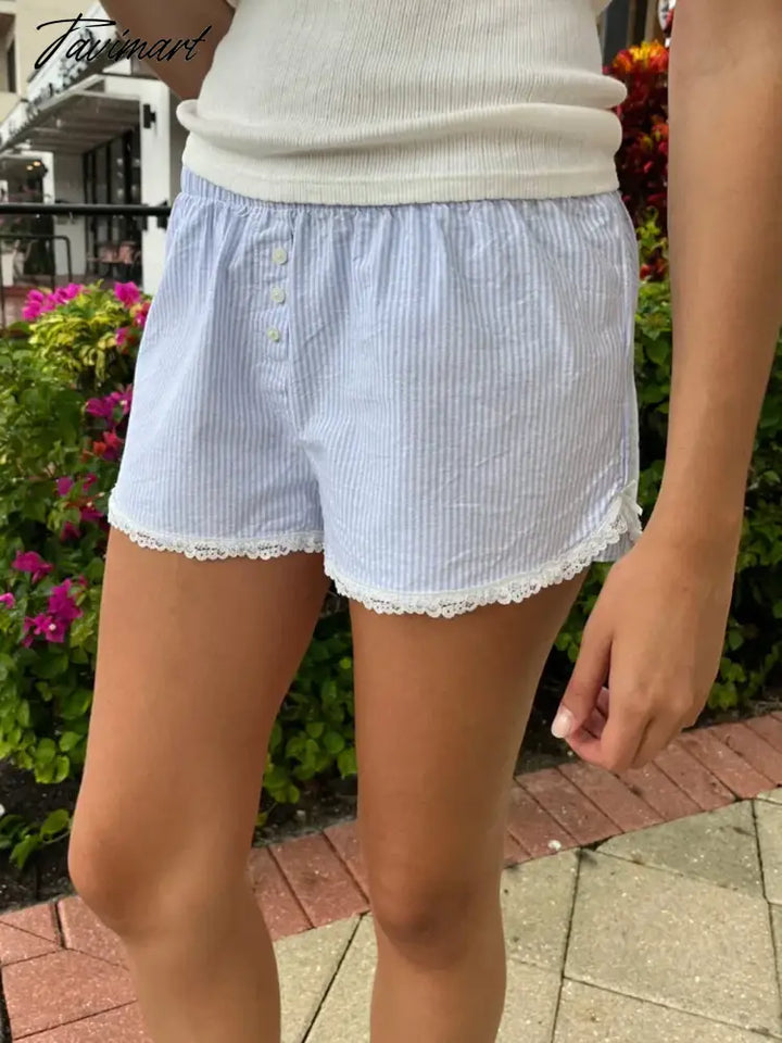 Tavimart - Blue Stripes Cute Shorts Woman Summer Lace Trim Buttons Elastic High Waist Straight