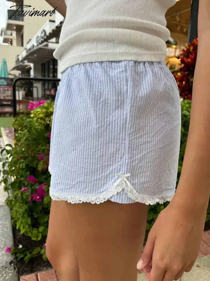 Tavimart - Blue Stripes Cute Shorts Woman Summer Lace Trim Buttons Elastic High Waist Straight