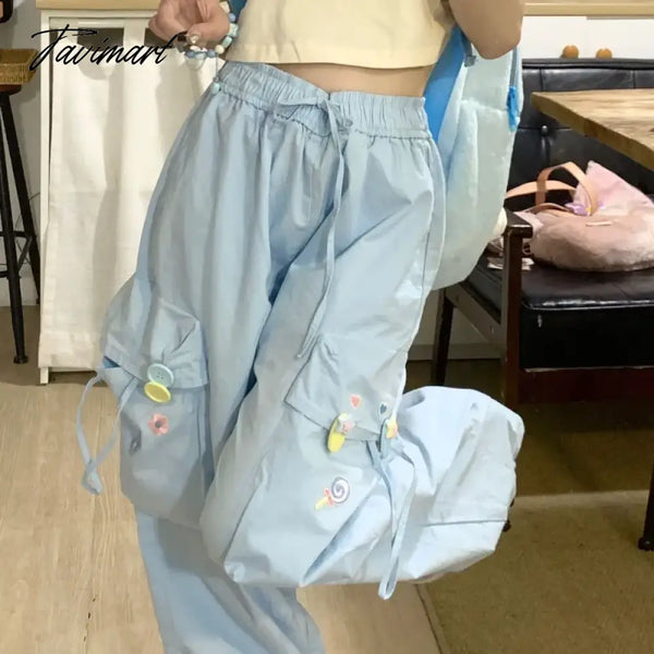 Tavimart Blue Sweet Japanese Versatile Trend Embroidered Casual Trousers Women Summer High Waist