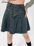 Tavimart Blue Vintage Short Denim Pleated Skirts For Women Spring New High Waist Mini A Line Women's Skirt Y2k Streetwear Skirts