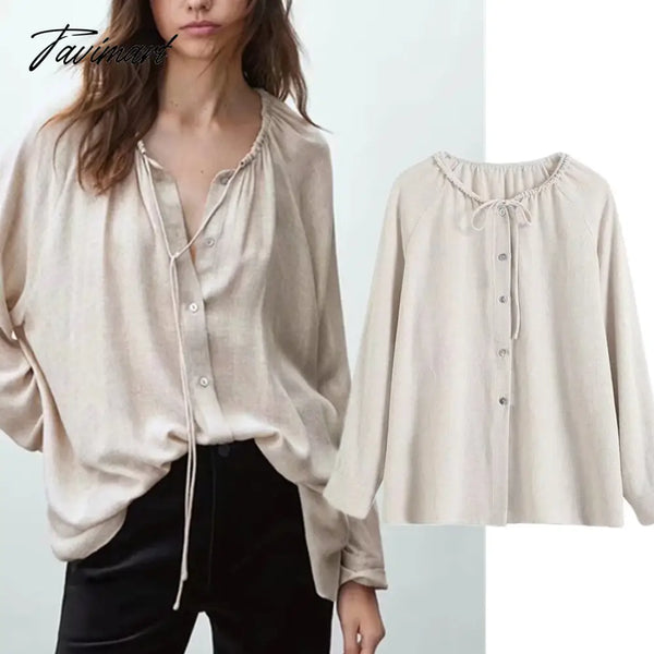 Tavimart Blusas Mujer De Moda Indie Folk Vintage Bandage Linen Casual Blouse Women England Fashion