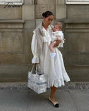 Tavimart Bohemian Vintage Dress Women Ruffles Embroidery White Color Loose Maxi