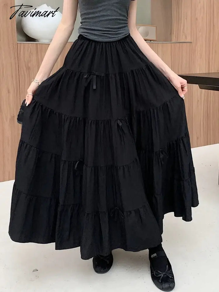 Tavimart - Bowknot Midi Long Skirt Women 2024 Korean Sweet Spring Summer High Waisted Ruffle A -