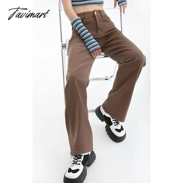 Tavimart Brown Women’s Jeans High Waist Straight Baggy Fashion Jean Pants Streetwear Vintage Chic