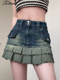 Tavimart Button Zipper Denim Skirt Women Double Stitching Pocket Pleated Ladies Workwear High Waist